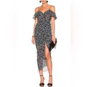 Veronica Beard Marilyn Cold Shoulder Ruffle Dress – Black Multi Floral (Size 2)